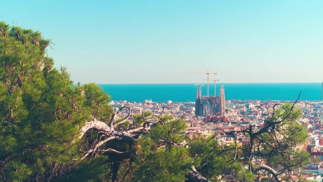 park guell view on sagrada familia 4k barcelona panorama spain

