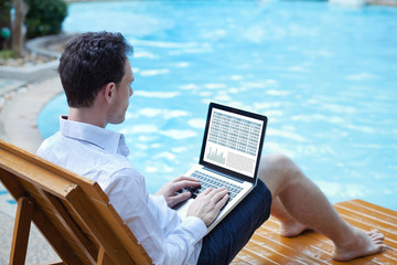 stock market online, business man working with financial data online on laptop near swimming pool