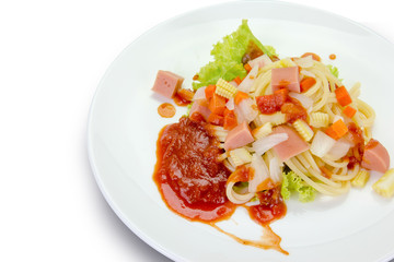 Spaghetti pasta with sausage on white background,clipping path.