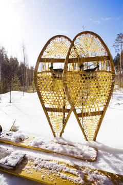 Close up of snowshoes and skis in snowy field