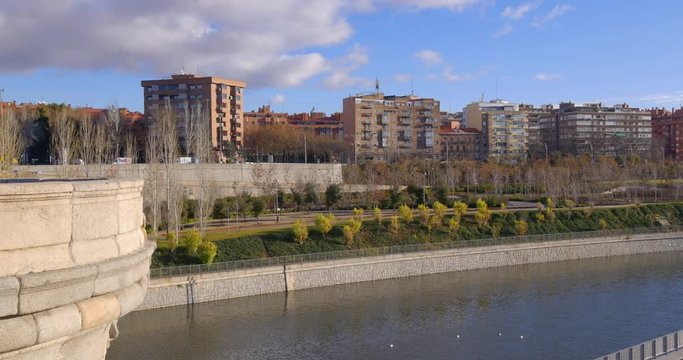 madrid city sunny day river bay panorama 4k spain
