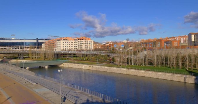 madrid sunny day river panorama 4k spain
