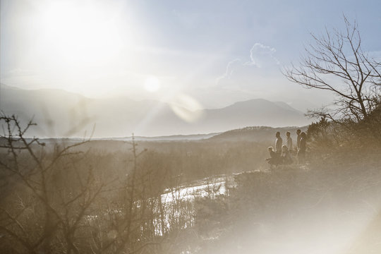 Mountains Over River In Rural Landscape