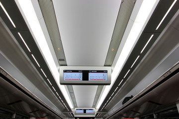 Digital schedule board on ceiling in Narita express train
