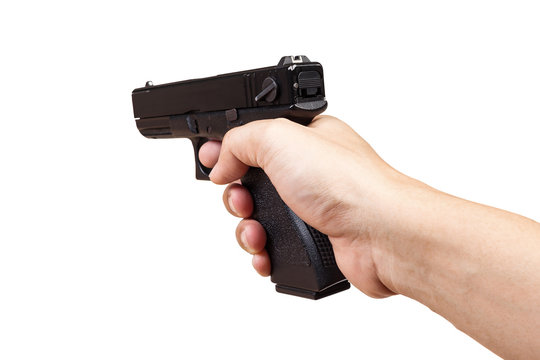 gun in hand and pointing, isolated on white background