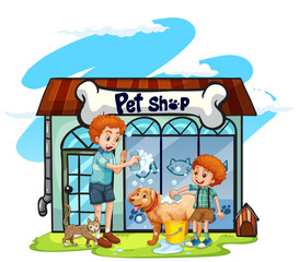 Father and son giving dog a bath