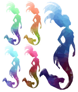 Low poly mermaids on white background. Polygonal mermaid, vector illustration.