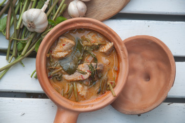 Morning glory in sour red curry ,Traditional Thai curry