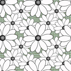 Floral seamless pattern in retro style, cartoon cute flowers green background