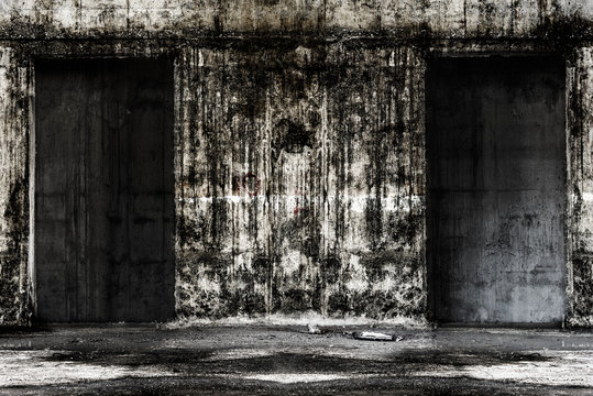 Abandoned building ghost living place with two doors, darkness horror and halloween background concept