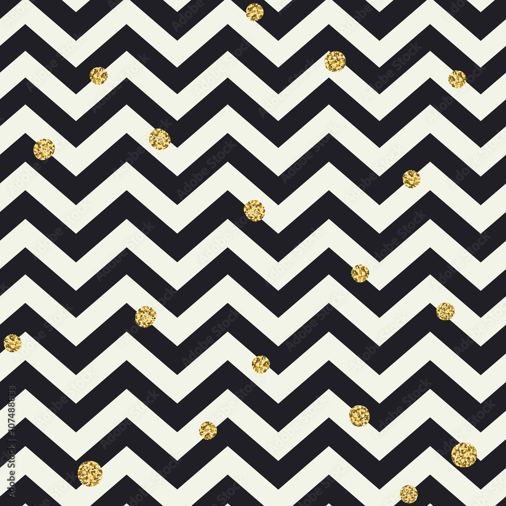 Poster Chevron seamless pattern. Black zigzag lines and golden dots