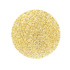 Circle with gold glitter particles on white background. Golden f