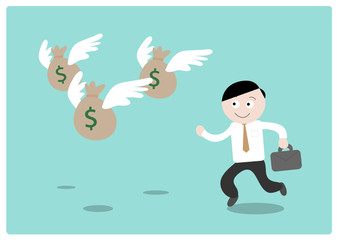 Chasing the Money (Dollar), a hand drawn vector illustration of a businessman chasing after flying money bags (all objects on different groups for easy editing).