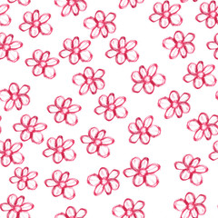 Seamless pattern with red watercolor flowers on white background