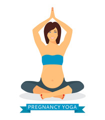 Pregnant yoga woman relaxing and meditating. Pregnant woman meditating while sitting in lotus position isolated on white background. Vector illustration.