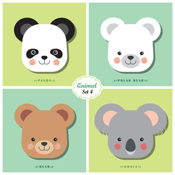 Qnimal means cute animal / Qnimal set 4: Panda, Polar bear, Bear and Koala / Set of cartoon animal heads icon.