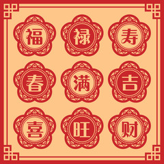 Obraz premium Set of chinese new year letter in vintage design. ( translation: blessing, emolument, longevity, spring, full / enough, lucky, happiness, prosperous, property / wealth.)