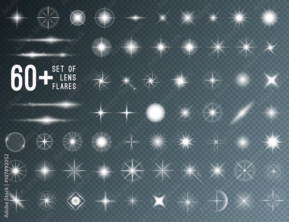Wall mural large set of realistic lens flares star lights and glow white elements on transparent background. ve
