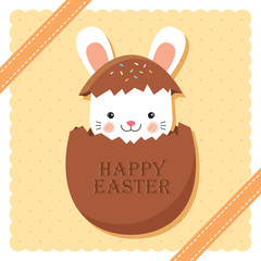 Happy Easter with lovely bunny and Easter chocolate egg on vector background / Vector cartoon illustration.