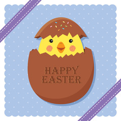 Happy Easter with lovely chick and Easter chocolate egg on vector background / Vector cartoon illustration.