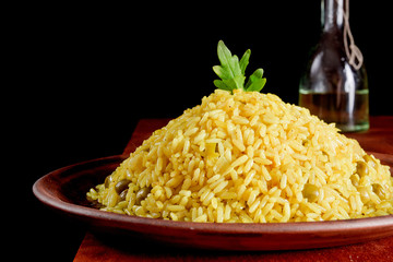 Risotto with Saffron on wooden table
