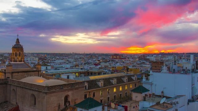 seville sunset cathedral city metropol parasol roof panorama 4k time lapse spain
