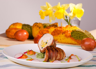 Easter meal, chicken breast wrapped in bacon