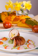 Chicken fillet wrapped in bacon, stuffed with cheese