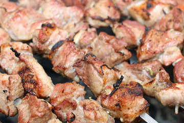 meat skewers on the barbecue coals