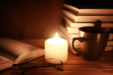 book glasses candle night