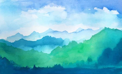 Crédence de cuisine en verre imprimé Ciel bleu watercolor mountains