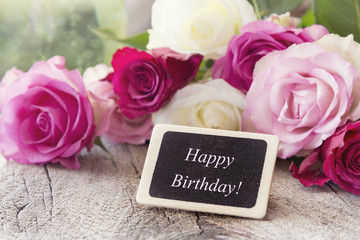 Happy Birthday Gratulation card, birthday greetings with white and pink roses, romantic style