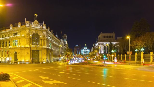 madrid night light placa de la cibeles traffic circle 4k time lapse 
