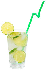 Lemonade with lime and ice cubes