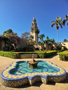 California Tower and Alcazar Garden in Balboa Park, San Diego, California, USA