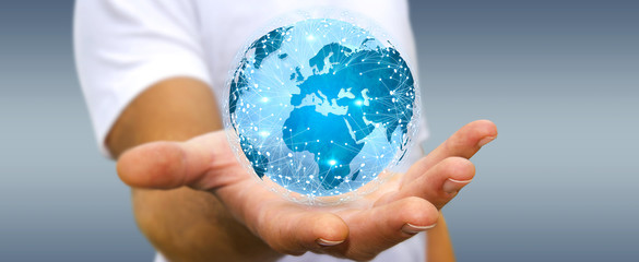 Businessman connecting different places of the world