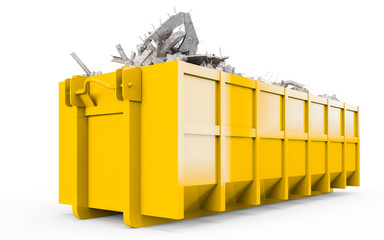 Yellow rubble container perspective front view isolated on white background. 3D Rendering, 3D Illustration.