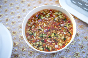Thai style spicy chili sauce with cucumber and peanut