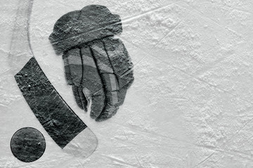 Hockey glove, stick and puck