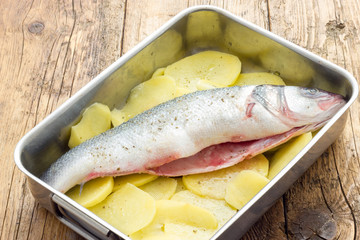 Fish with lemon potatoes and tomatoes ready for the oven
