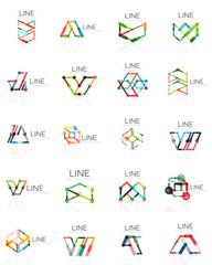 Set of linear abstract logos, connected multicolored segments lines in geometrical figures