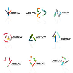 Set of linear arrow abstract logos, connected multicolored segments lines in directional pointer figures