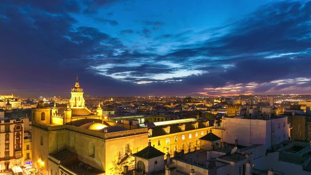 night light sunset sky seville roof top panorama 4k time lapse spain
