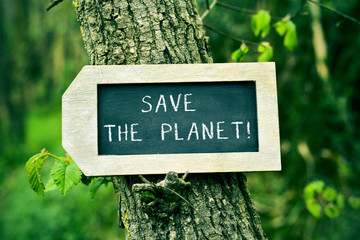 chalkboard with the text save the planet in a tree