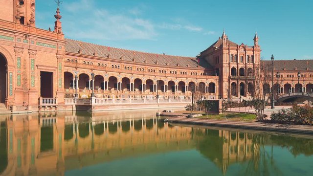 day seville main palace of spain pond reflaction panorama 4k time lapse
