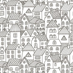 Fototapeta na wymiar Doodle houses seamless pattern. Black and white city background