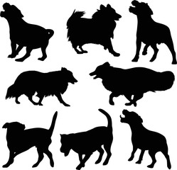 eight black isolated dog silhouettes