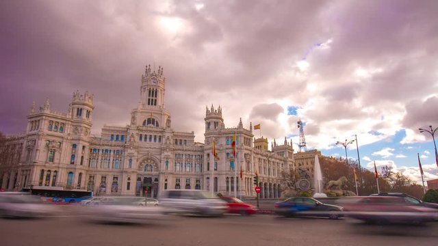 madrid cloudy day main post office building traffic circle 4k time lapse spain
