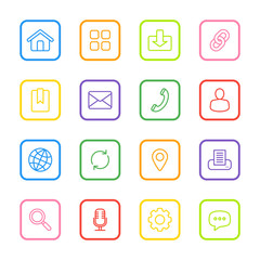 colorful line web icon set with rounded rectangle frame for web design, user interface (UI), infographic and mobile application (apps)