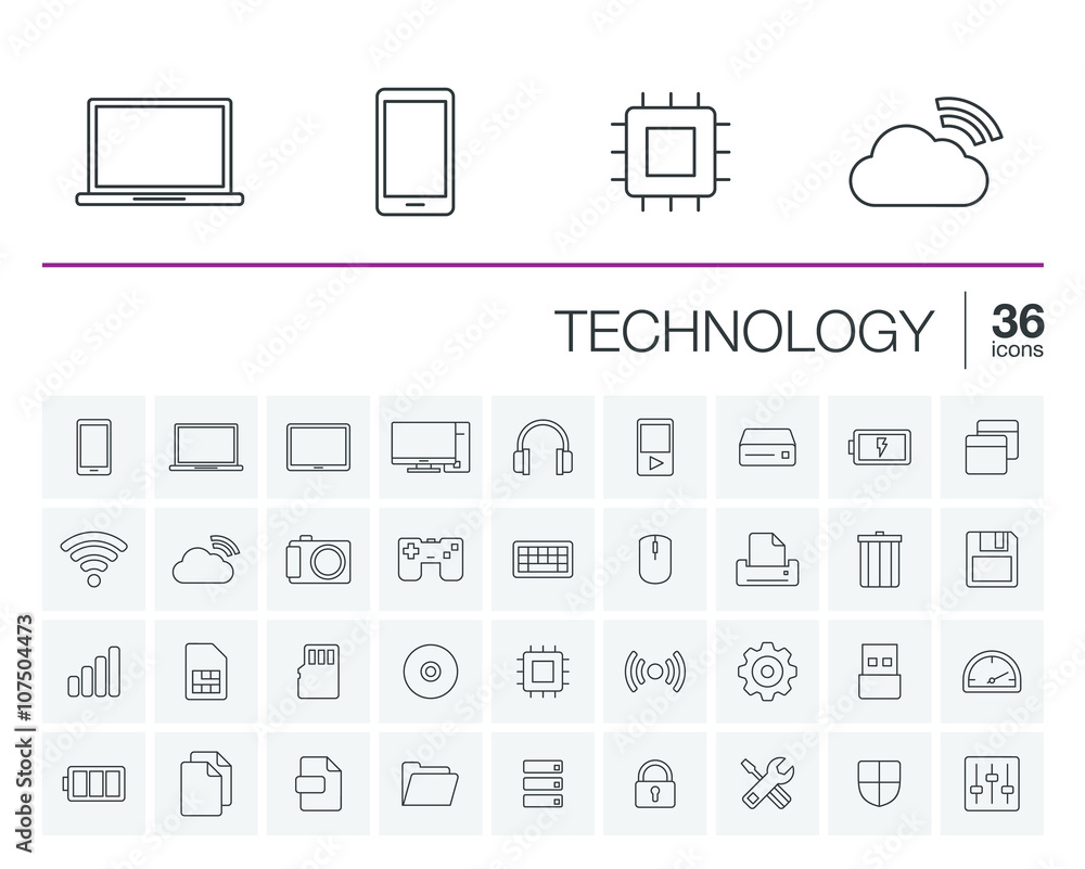 Aufkleber vector thin line icons set and graphic design elements. illustration with technology and digital out